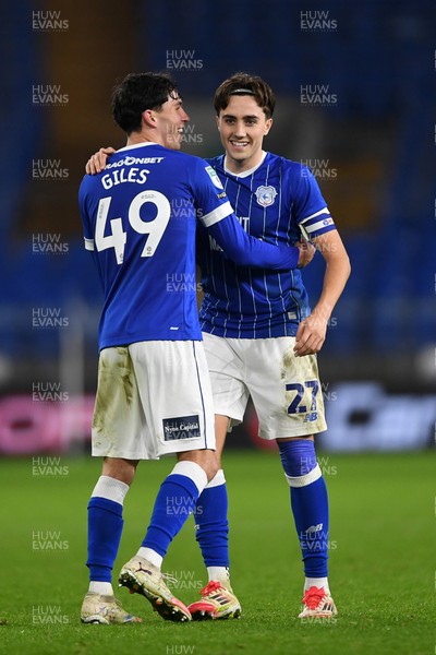 021225 -  Cardiff City v AFC Wimbledon - Vertu Trophy - Luey Giles of Cardiff City celebrates scoring a goal with Joel Colwill of Cardiff City