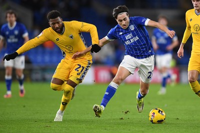 170226 - Cardiff City v AFC Wimbledon - Sky Bet League 1 - Joel Colwill of Cardiff City is challenged by Myles Hippolyte of Wimbledon