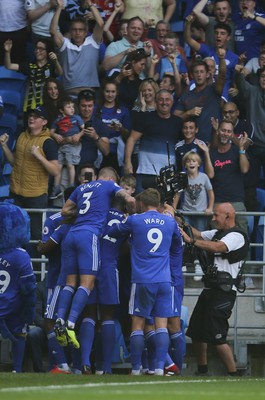 020918 - Cardiff City v Arsenal, Premier League - Victor Camarasa of Cardiff City celebrates with team mates after scoring goal