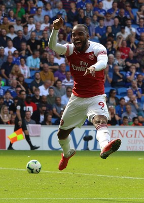 020918 - Cardiff City v Arsenal, Premier League - Alexandre Lacazette of Arsenal celebrates after Arsenal score the second goal