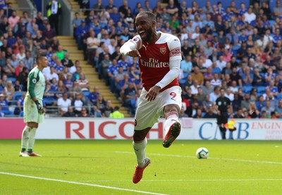 020918 - Cardiff City v Arsenal, Premier League - Alexandre Lacazette of Arsenal celebrates after Arsenal score the second goal