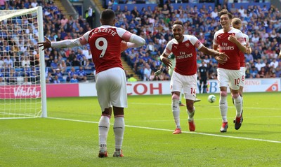 020918 - Cardiff City v Arsenal, Premier League - Alexandre Lacazette of Arsenal celebrates with Pierre-Emerick Aubameyang of Arsenal after Arsenal score the second goal