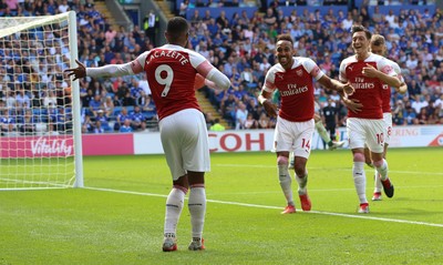 020918 - Cardiff City v Arsenal, Premier League - Alexandre Lacazette of Arsenal celebrates with Pierre-Emerick Aubameyang of Arsenal after Arsenal score the second goal