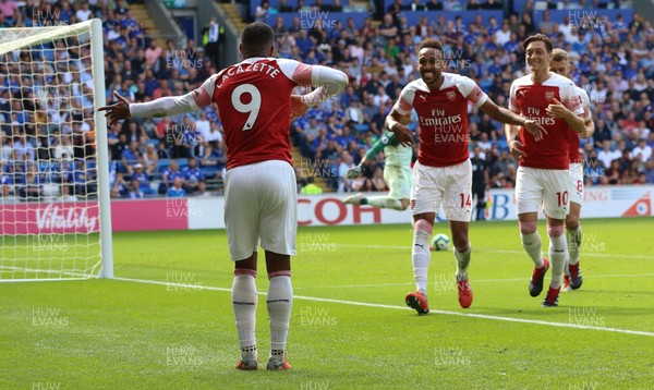 020918 - Cardiff City v Arsenal, Premier League - Alexandre Lacazette of Arsenal celebrates with Pierre-Emerick Aubameyang of Arsenal after Arsenal score the second goal