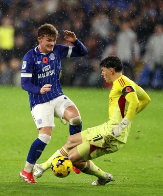 111125 - Cardiff City v Arsenal U21 - Vertu Trophy - Alexei Rojas of Arsenal U21 tackle on Cody Twose of Cardiff City gets him a red card