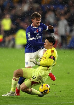 111125 - Cardiff City v Arsenal U21 - Vertu Trophy - Alexei Rojas of Arsenal U21 tackle on Cody Twose of Cardiff City gets him a red card