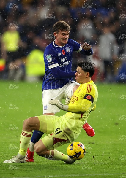 111125 - Cardiff City v Arsenal U21 - Vertu Trophy - Alexei Rojas of Arsenal U21 tackle on Cody Twose of Cardiff City gets him a red card