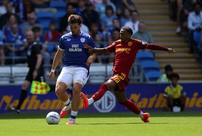 010826 - Cardiff City v AS Roma - Pre Season Friendly - Ollie Tanner of Cardiff is challenged by Wesley Franca of Roma 