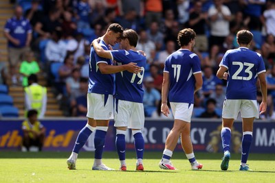 010826 - Cardiff City v AS Roma - Pre Season Friendly - Yousef Salech of Cardiff celebrates scoring a goal with team mate Cian Ashford