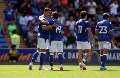 010826 - Cardiff City v AS Roma - Pre Season Friendly - Yousef Salech of Cardiff celebrates scoring a goal with team mate Cian Ashford