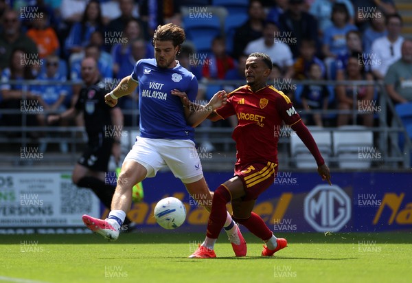 010826 - Cardiff City v AS Roma - Pre Season Friendly - Ollie Tanner of Cardiff is challenged by Wesley Franca of Roma 
