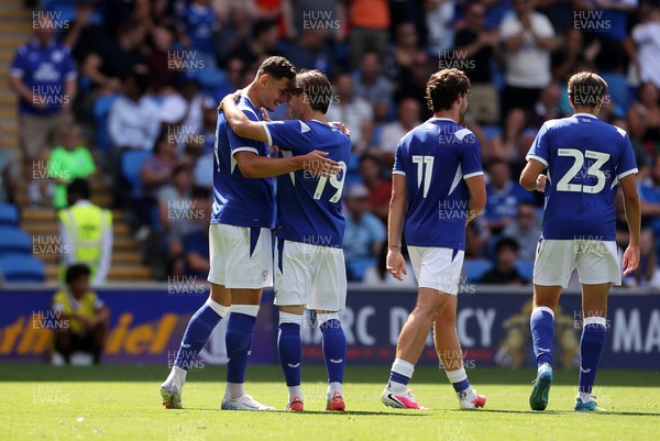 010826 - Cardiff City v AS Roma - Pre Season Friendly - Yousef Salech of Cardiff celebrates scoring a goal with team mate Cian Ashford