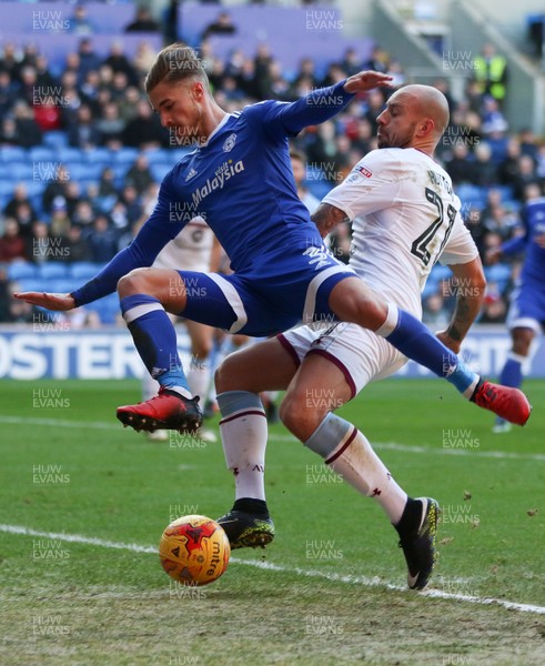 020117 - Cardiff City v Aston Villa, Sky Bet Championship - Joe Bennett of Cardiff City is tackled by Alan Hutton of Aston Villa by Gareth Everett