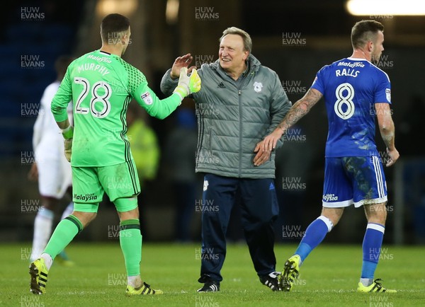 020117 - Cardiff City v Aston Villa, Sky Bet Championship - Cardiff City manager Neil Warnock celebrates with Cardiff City goalkeeper Brian Murphy and Joe Ralls of Cardiff City at the end of the match by Gareth Everett