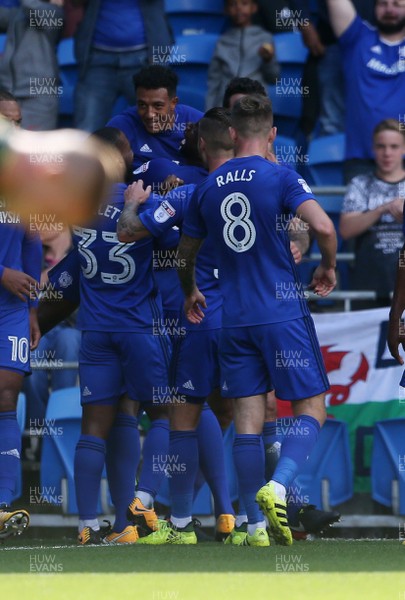 120817 - Cardiff City v Aston Villa - SkyBet Championship - Nathaniel Mendez-Laing of Cardiff City celebrates scoring a goal with team mates