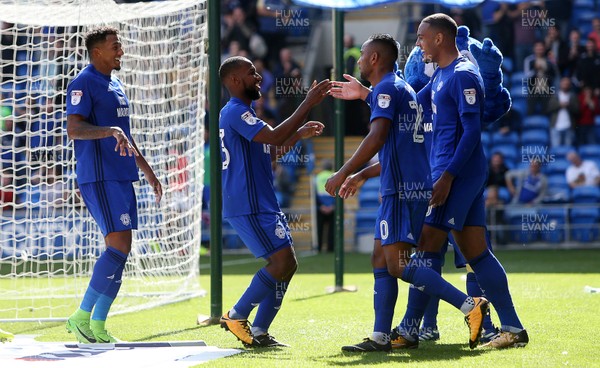 120817 - Cardiff City v Aston Villa - SkyBet Championship - Junior Hoilett of Cardiff City celebrates with team mates after scoring a goal