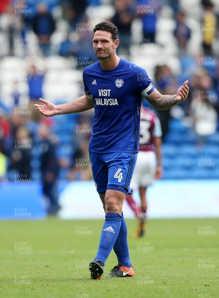 120817 - Cardiff City v Aston Villa - SkyBet Championship - Sean Morrison of Cardiff City thanks the fans at full time