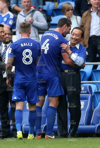 120817 - Cardiff City v Aston Villa - SkyBet Championship - Sean Morrison of Cardiff City and Vincent Tan at full time