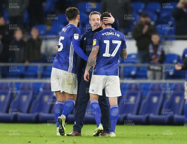 071219 - Cardiff City v Barnsley, Sky Bet Championship - Cardiff City manager Neil Harris congratulates Lee Tomlin of Cardiff City who scored the winning goal, at the end of the match