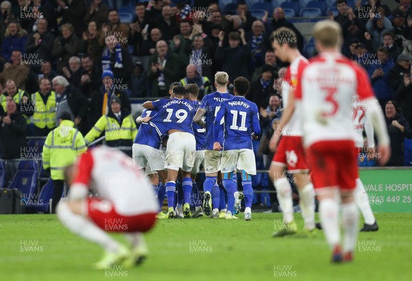 071219 - Cardiff City v Barnsley, Sky Bet Championship - Cardiff City players celebrate with Lee Tomlin who scored the winning goal in added time