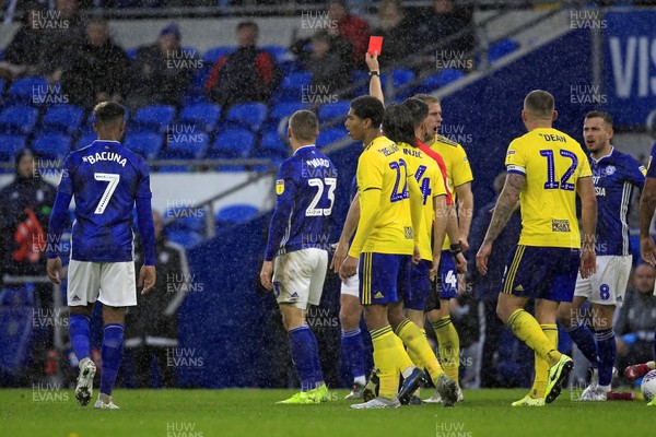 021119 - Cardiff City v Birmingham City, Sky Bet Championship - Referee Andrew Madley shows the red card to Danny Ward of Cardiff City