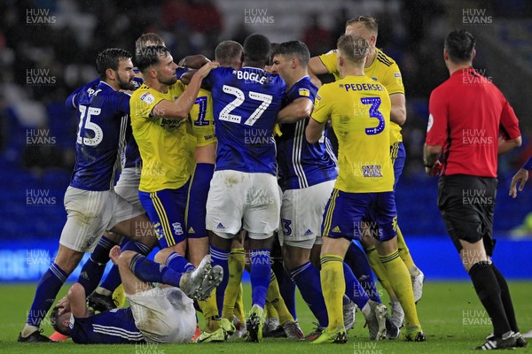 021119 - Cardiff City v Birmingham City, Sky Bet Championship - Fighting breaks out between both sets of players after a challenge on Joe Ralls of Cardiff City (floor)