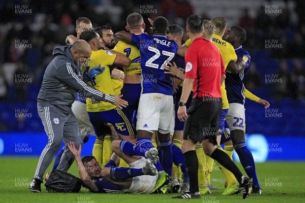 021119 - Cardiff City v Birmingham City, Sky Bet Championship - The Cardiff City trainer attempts to protect Joe Ralls of Cardiff City (floor) as fighting breaks out between both sets of players after a challenge