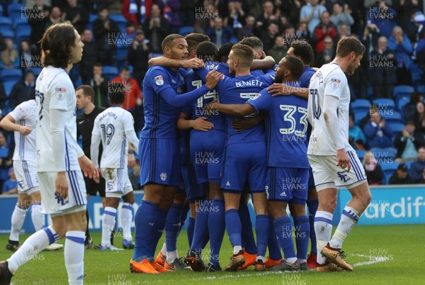 100318 - Cardiff City v Birmingham City, Sky Bet Championship - Cardiff City players celebrate after scoring the second goal