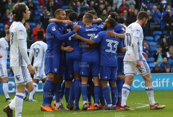 100318 - Cardiff City v Birmingham City, Sky Bet Championship - Cardiff City players celebrate after scoring the second goal