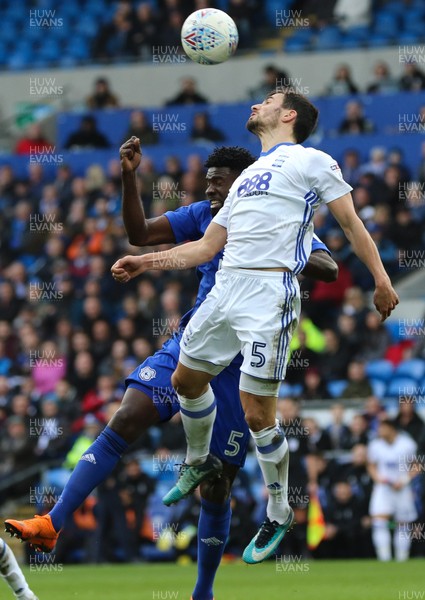 100318 - Cardiff City v Birmingham City, Sky Bet Championship - Bruno Ecuele Manga of Cardiff City and Maxime Colin of Birmingham City compete for the ball