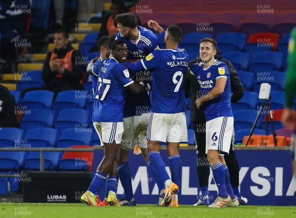 161220 - Cardiff City v Birmingham City, Sky Bet Championship - Cardiff players mob Sean Morrison of Cardiff City after he heads to score Cardiff's winning goal