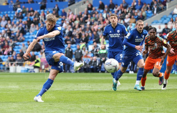 300422 - Cardiff City v Birmingham City, Sky Bet Championship - Will Vaulks of Cardiff City shoots to score from the penalty spot