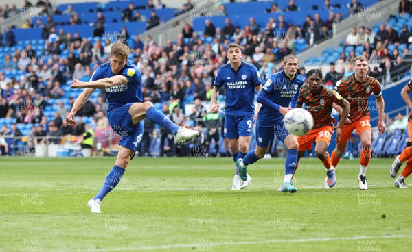 300422 - Cardiff City v Birmingham City, Sky Bet Championship - Will Vaulks of Cardiff City shoots to score from the penalty spot