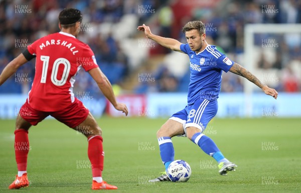 170816 - Cardiff City v Blackburn, Sky Bet Championship - Joe Ralls of Cardiff City plays the ball past Ben Marshall of Blackburn