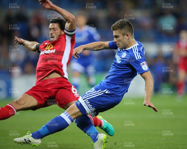 170816 - Cardiff City v Blackburn, Sky Bet Championship - Declan John of Cardiff City is challenged by Jason Lowe of Blackburn