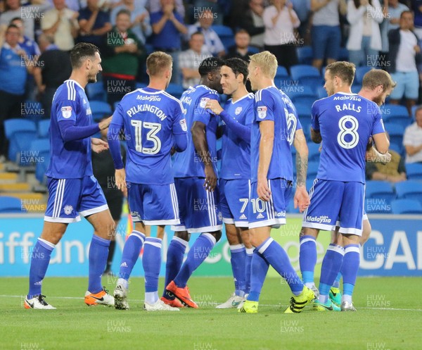 170816 - Cardiff City v Blackburn, Sky Bet Championship - Cardiff players celebrate after the second goal