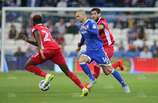 170816 - Cardiff City v Blackburn, Sky Bet Championship - Matthew Connolly of Cardiff City takes on Hope Akpan of Blackburn and Danny Graham of Blackburn