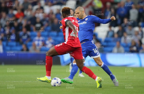 170816 - Cardiff City v Blackburn, Sky Bet Championship - Matthew Connolly of Cardiff City takes on Hope Akpan of Blackburn