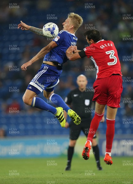 170816 - Cardiff City v Blackburn, Sky Bet Championship - Lex Immers of Cardiff City and Gordon Greer of Blackburn compete for the ball