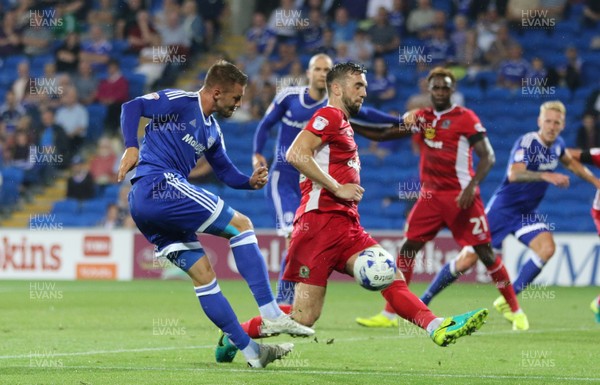 170816 - Cardiff City v Blackburn, Sky Bet Championship - Anthony Pilkington of Cardiff City sees his shot at goal blocked by Shane Duffy of Blackburn