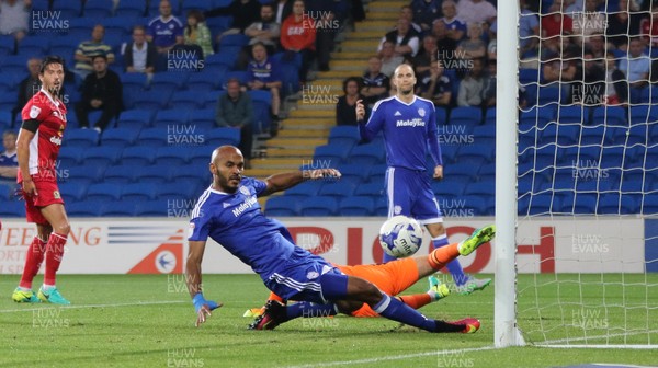 170816 - Cardiff City v Blackburn, Sky Bet Championship -Frederic Gounongbe of Cardiff City just fails to reach the ball as Blackburn goalkeeper Jason Steele is left beaten