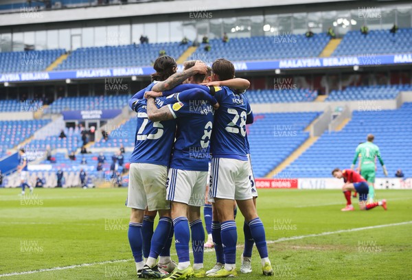 100421 Cardiff City v Blackburn Rovers, Sky Bet Championship - Cardiff City players celebrate with Joe Ralls of Cardiff City after he scores the second goal