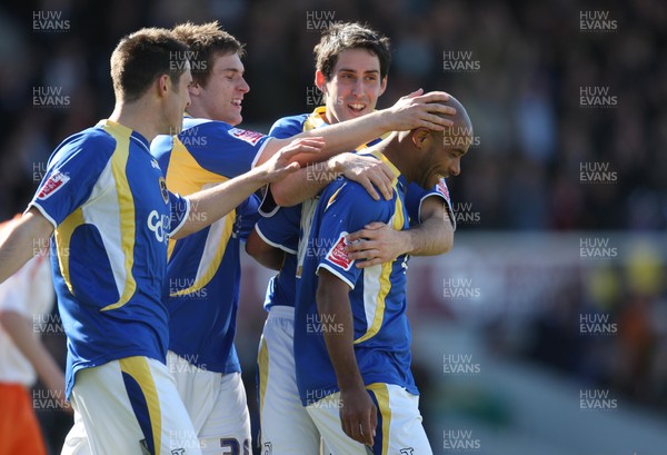 12.04.08 .. Cardiff City v Blackpool, Coca Cola Championship Cardiff's Trevor Sinclair celebrates after scoring City's second goal, with Peter Whittingham, Aaron Ramsey and Steve Thompson 