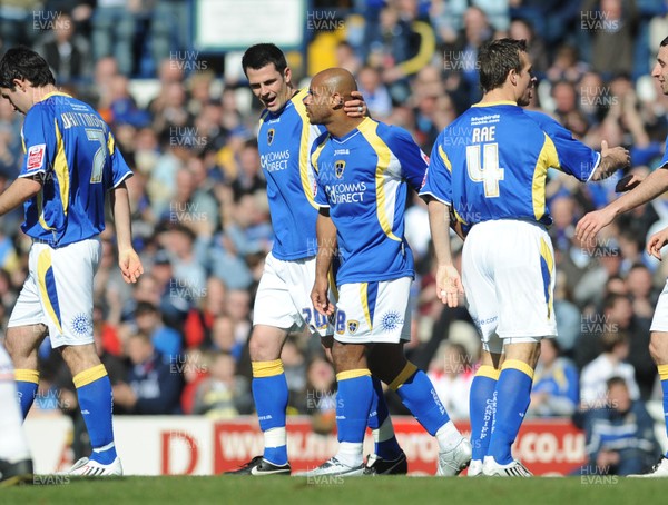 12.04.08 - Championship Football Cardiff City v Blackpool Cardiff's Trevor Sinclair is congratulated by Stevr Thompson after scoring his side's second goal 