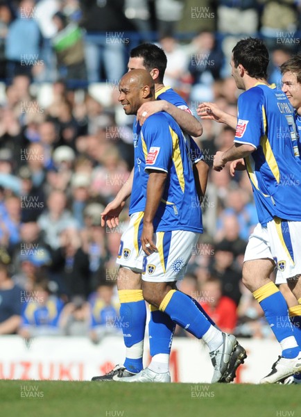 12.04.08 - Championship Football Cardiff City v Blackpool Cardiff's Trevor Sinclair is congratulated after scoring his side's second goal 