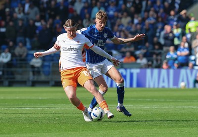 210326 - Cardiff City v Blackpool, EFL Sky Bet League 1 - Josh Bowler of Blackpool and Joel Bagan of Cardiff City compete for the ball