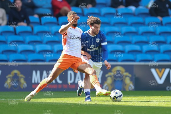 210326 - Cardiff City v Blackpool, EFL Sky Bet League 1 - Ollie Tanner of Cardiff City and CJ Hamilton of Blackpool compete for the ball