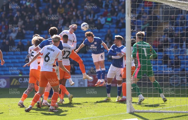 210326 - Cardiff City v Blackpool, EFL Sky Bet League 1 - Blackpool goalkeeper Bailey Peacock-Farrell makes a fingertip save in added time to deny Ryan Wintle of Cardiff City