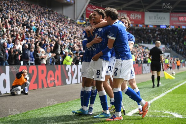 110426 - Cardiff City v Bolton Wanderers - Sky Bet League 1 - Omari Kellyman of Cardiff City celebrates scoring a goal with team mates