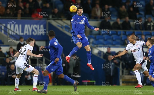 130218 - Cardiff City v Bolton Wanderers - SkyBet Championship - Callum Paterson of Cardiff City headers the ball